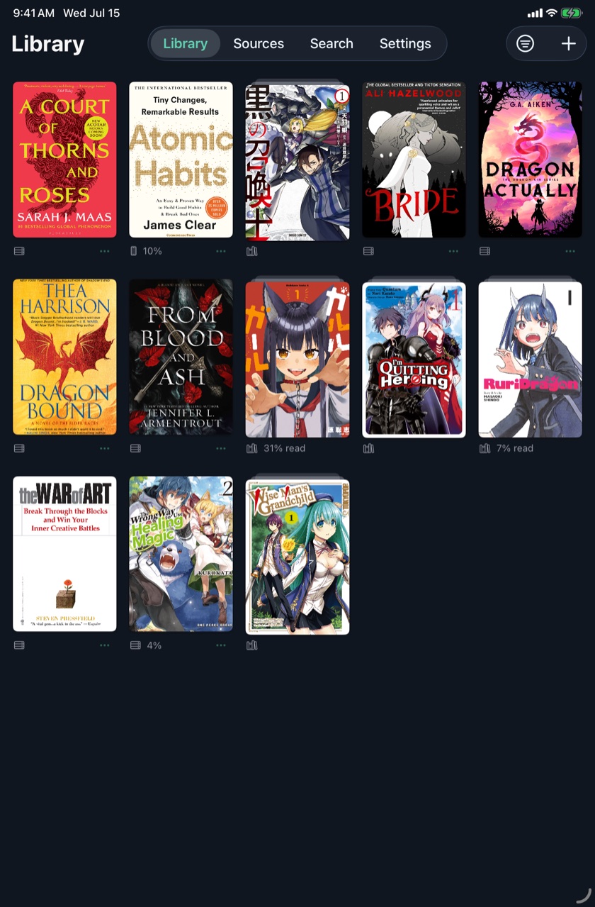 ComBook library on iPad: a wide grid of novel and manga covers with reading progress under each one.