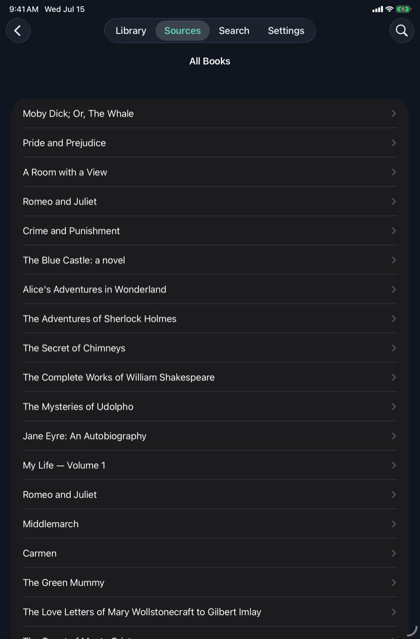 Browsing Project Gutenberg's OPDS catalog of public-domain books in ComBook on iPad.