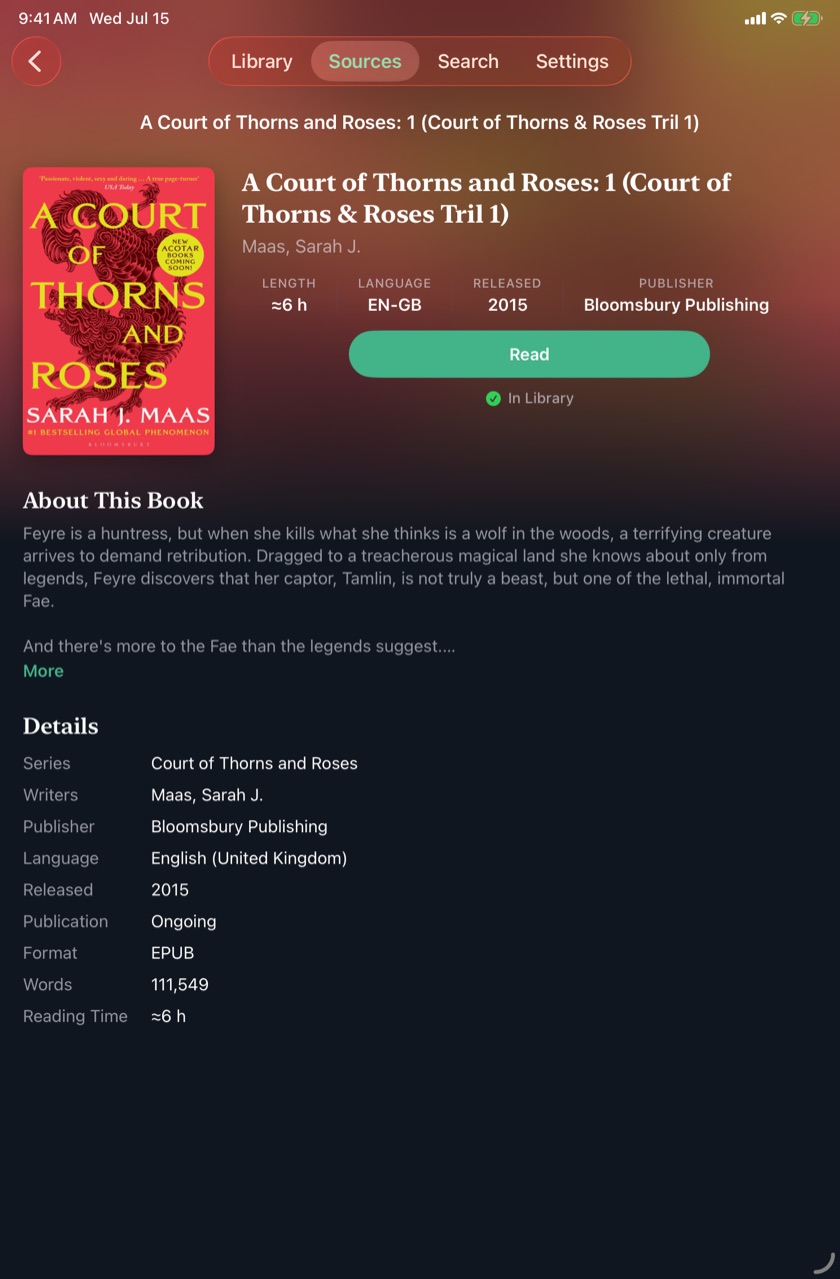 A book page on iPad drawn from server metadata: cover backdrop, details and a Read button with In Library status.
