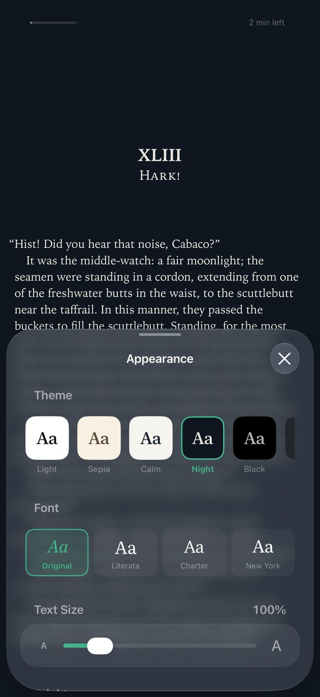 The appearance panel over a page of Moby Dick: theme cards, font cards and a text-size slider.