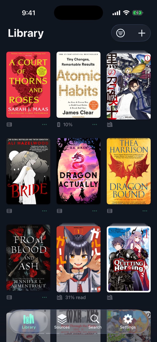 The same ComBook library on iPhone — novels, light novels and manga with reading progress on each cover.