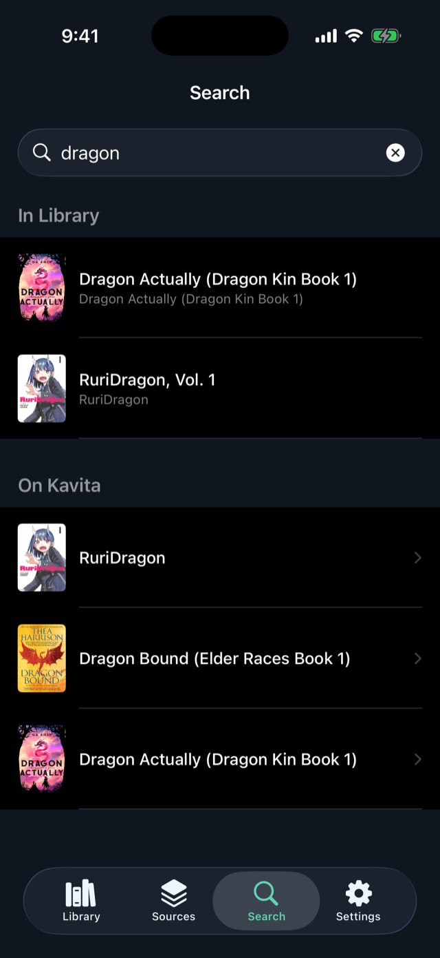 ComBook search results for dragon grouped into In Library and On Kavita.