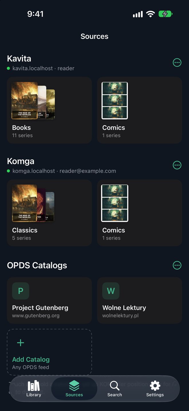 ComBook's Sources tab: Kavita and Komga sections with their libraries as cover tiles, each headed by the server and account, and two OPDS catalogs below.